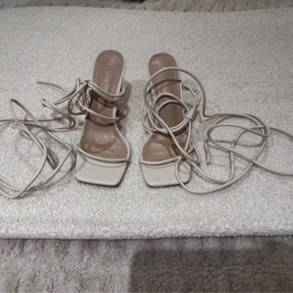 PrettyLittleThing Beige Lace-Up Heels